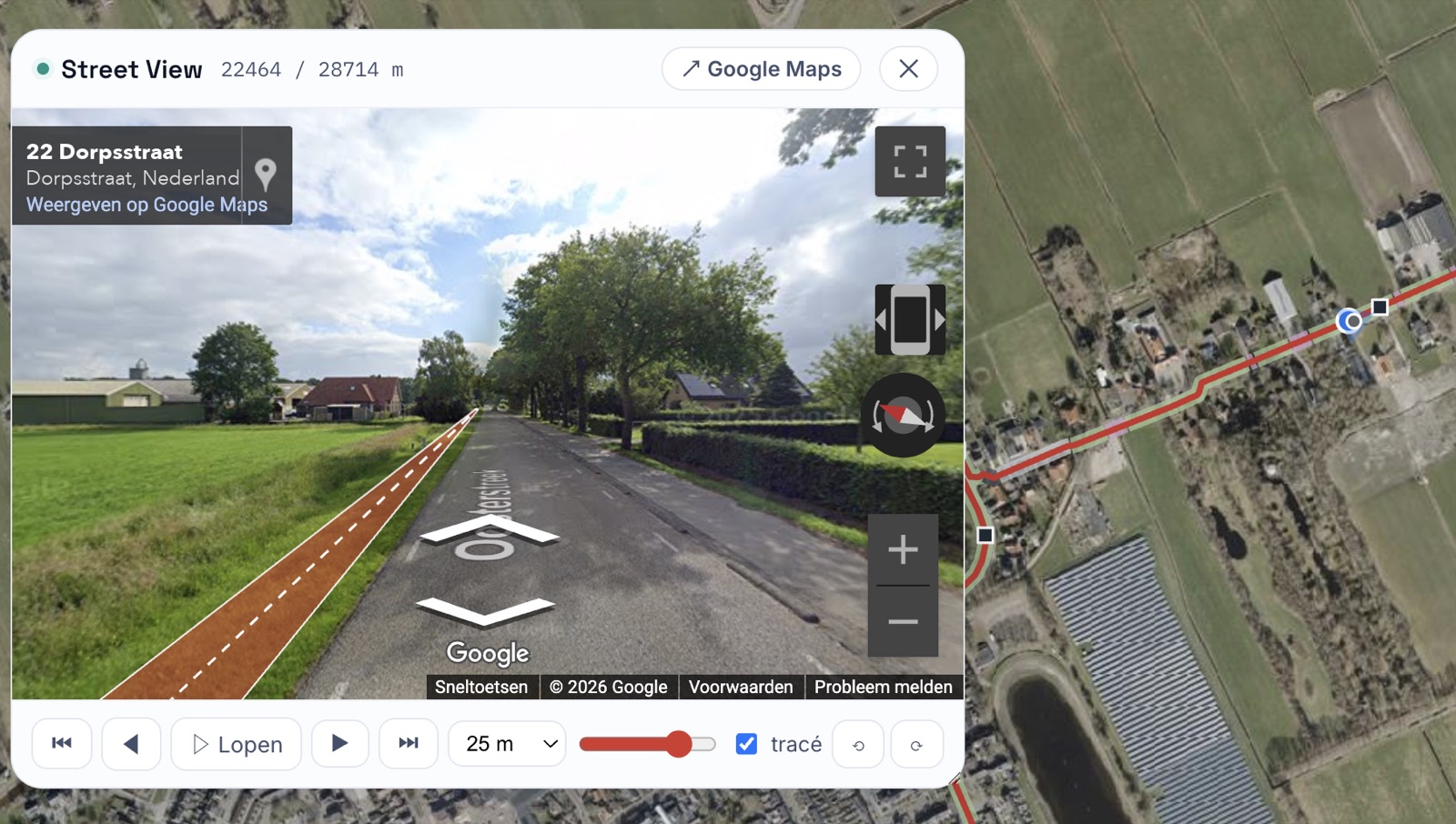 Tracéviewer van VECTOR met een kabeltracé over satellietbeeld en een Street View-weergave langs het tracé