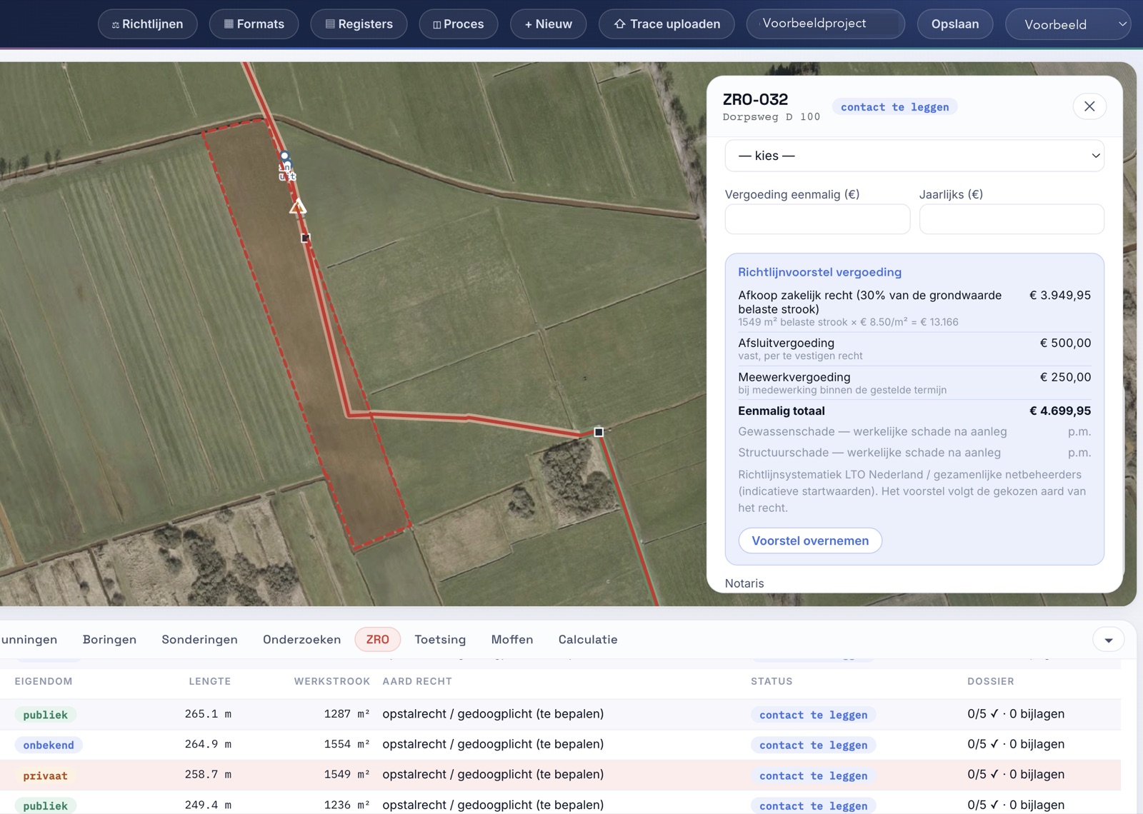Tracéviewer met een kabeltracé over percelen, een zakelijk-rechtoverzicht (ZRO) met richtlijnvoorstel voor vergoeding en een tabel met eigendommen